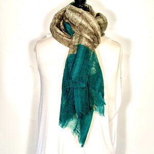 NWOT 100% wool, long, teal green-gold-brown-tan scarf. New without tags.